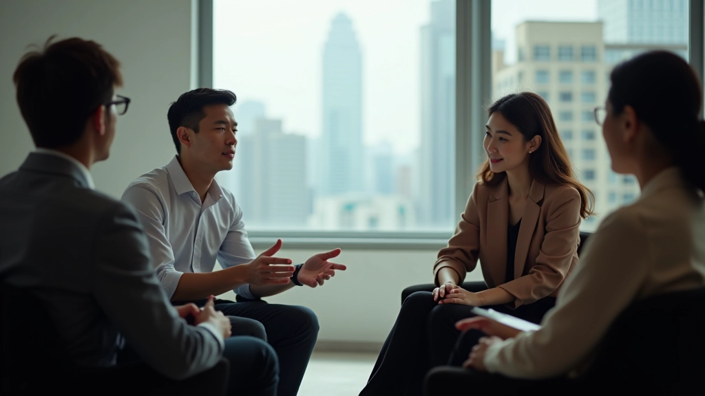 Group of diverse people sitting in a circle during a discussion or support group meeting in a calm, well-lit room