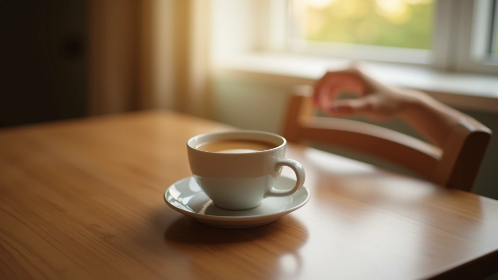 Hands holding a cup of tea, sitting at a table by a window with natural daylight, cozy and reflective mood, close-up shot showing detail and warmth
