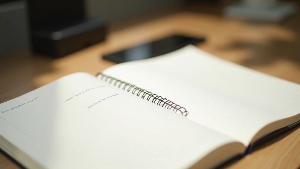 Close-up of a hand holding a pen over an open journal with handwritten notes and thoughts visible on the pages