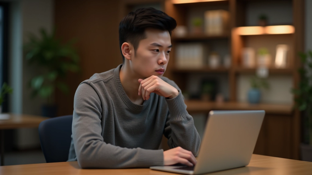 Person sitting at a desk in a thoughtful pose, hand on chin, looking at a laptop with focused expression, warm office lighting, upper body shot