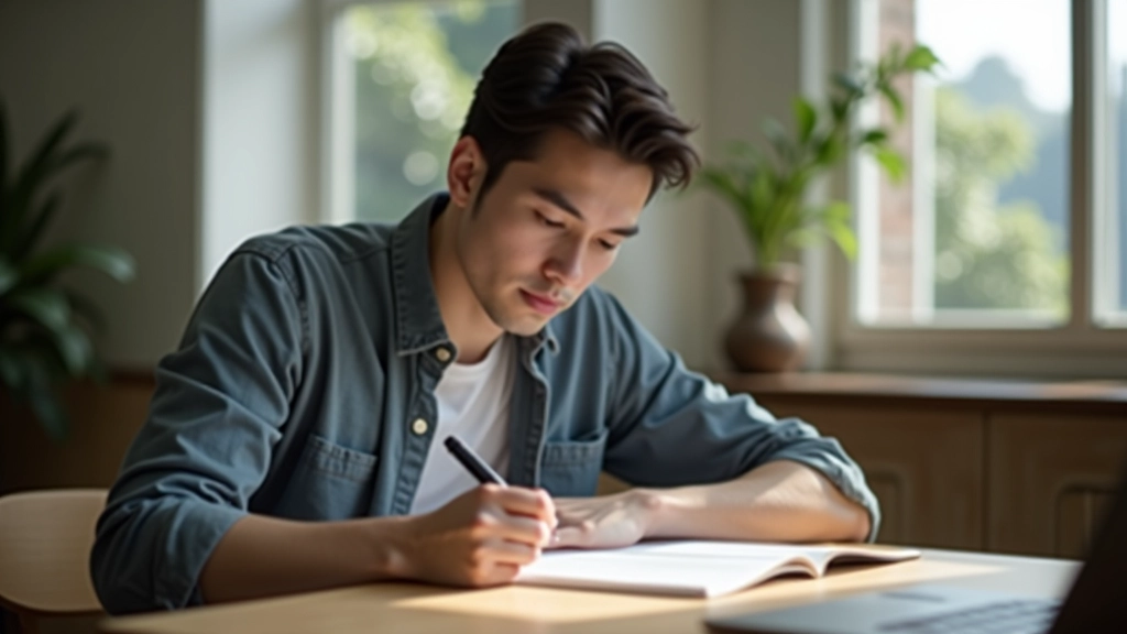 Person writing in journal at a wooden desk with morning light, capturing thoughts and patterns on paper