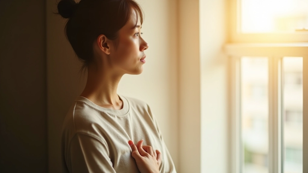 Person practicing mindfulness and positive self-talk while looking out a window, showing inner growth and reflection
