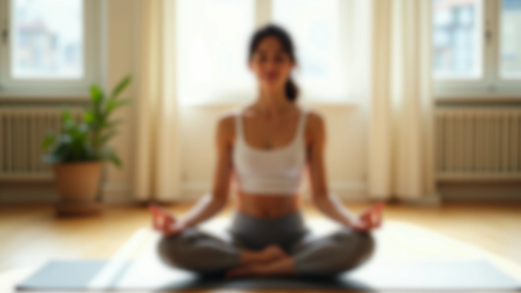 Person sitting in meditation pose on a mat in a bright, peaceful room with natural light streaming through windows