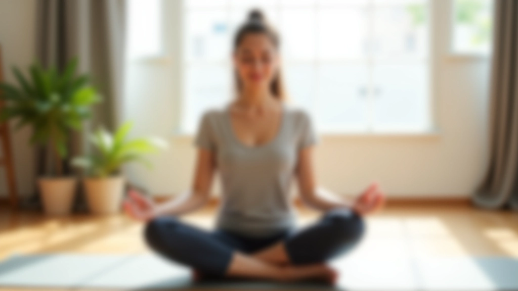 Person sitting in meditation pose on a mat in a bright, peaceful room with natural light streaming through windows