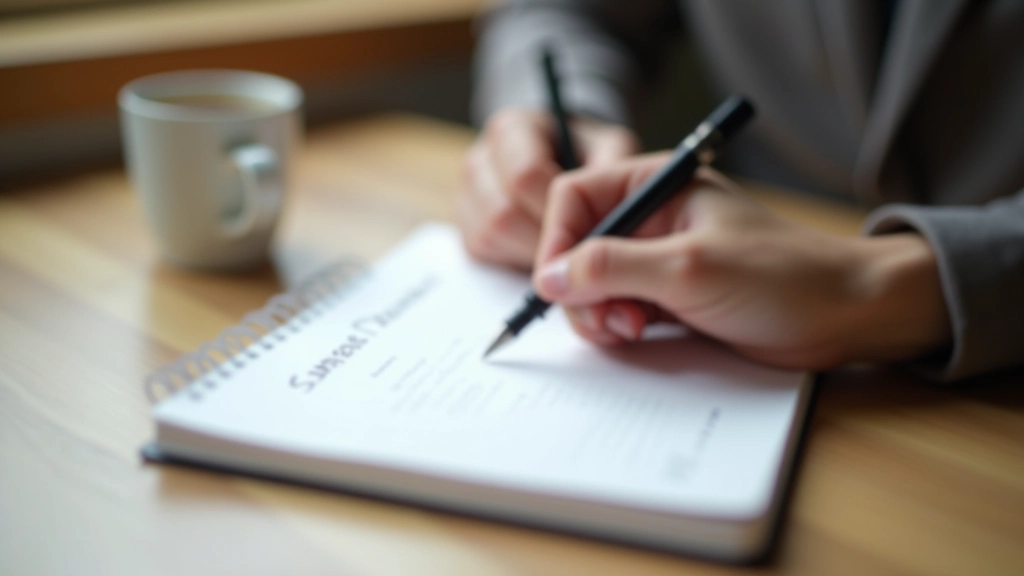 Close-up of a hand holding a pen over an open journal with handwritten notes and thoughts visible on the pages
