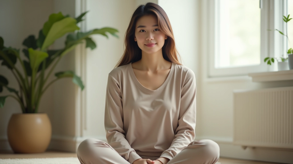 Woman sitting cross-legged on floor surrounded by cushions, looking calm and centered, bright natural light from window, meditation or mindfulness setting, portrait from chest up
