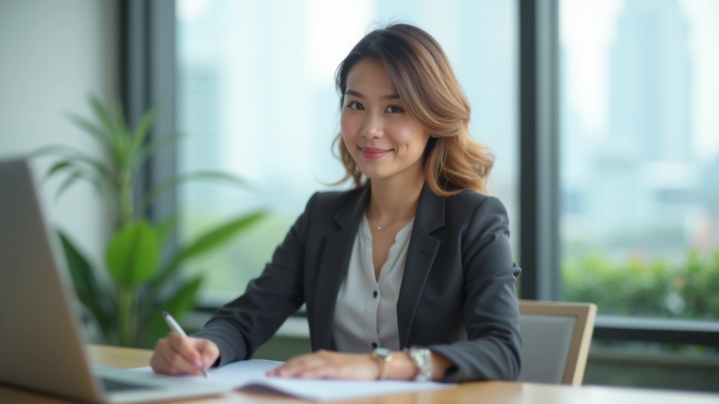Woman sitting at a desk in a modern office space, looking confident and focused while working on her laptop