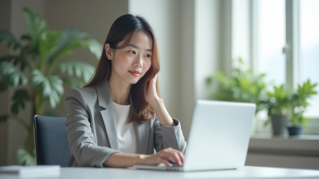 Woman sitting at a desk in a modern office space, looking confident and focused while working on her laptop